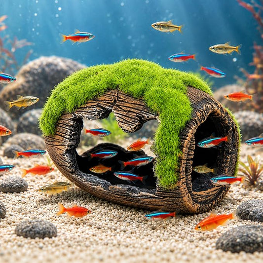 Petzlifewrold Aquarium Barrel Hideout Cave with Artificial Moss – Resin Fish Tank Shelter