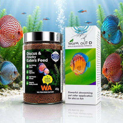 Petzlifeworld Complete Discus Fish Care Combo - WA Discus & Finicky Eaters Feed 45g +AR  Worm Out-D | High Protein Nutrition & Internal Wellness Support