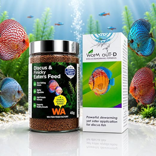 Petzlifeworld Complete Discus Fish Care Combo - WA Discus & Finicky Eaters Feed 45g +AR  Worm Out-D | High Protein Nutrition & Internal Wellness Support