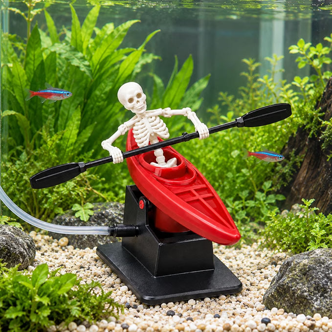 Petzlifeworld Dancing Skeleton Kayak Aquarium Ornament with Moving Rowing Action – Random Colour Fish Tank Decoration with Paddle & Stable Base