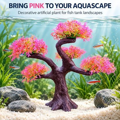 Petzlfieworld Pink Aquarium Plant Ornament (Multiple Branch) Lifelike Artificial Tree Decor for Fish Tank Aquascaping | 25 × 25 × 8.5 cm