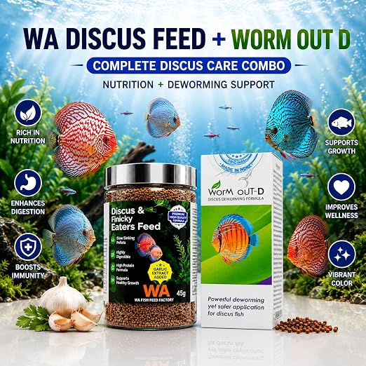 Petzlifeworld Complete Discus Fish Care Combo - WA Discus & Finicky Eaters Feed 45g +AR  Worm Out-D | High Protein Nutrition & Internal Wellness Support