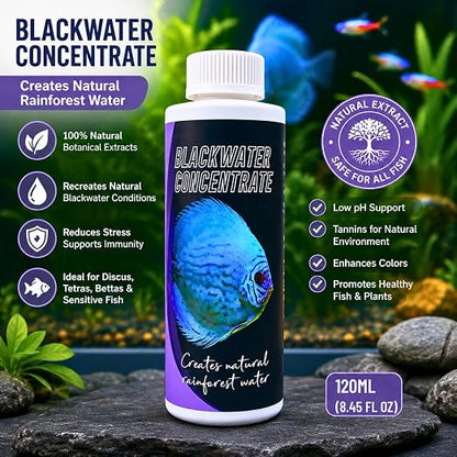 Petzlifeworld Aquatic Remedies Blackwater Concentrate 120ml for Aquariums | Natural Tannin Water Conditioner | Creates Amazon Blackwater Habitat | Enhances Fish Color & Health for Discus, Bettas, Tetras & Shrimp