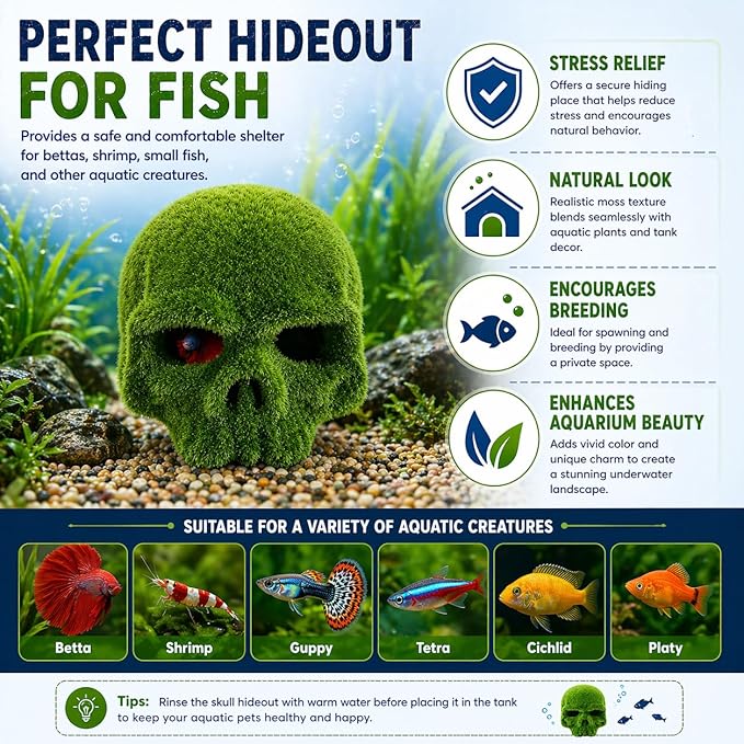 petzlifeworld Moss Skull Aquarium Decoration – Resin Hollow Hideout Cave for Betta, Shrimp & Small Fish | Natural Moss Look Tank Ornament | Safe & Durable Aquascaping Decor
