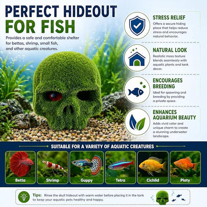 petzlifeworld Moss Skull Aquarium Decoration – Resin Hollow Hideout Cave for Betta, Shrimp & Small Fish | Natural Moss Look Tank Ornament | Safe & Durable Aquascaping Decor