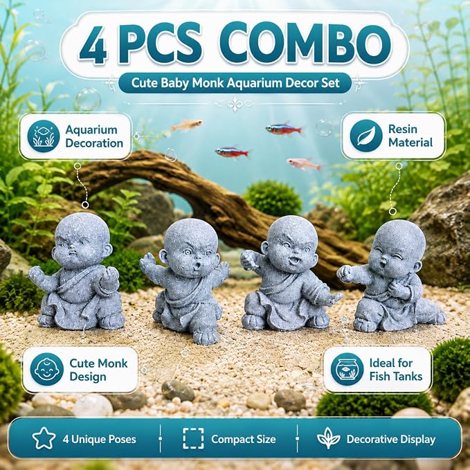 Petzlifeworld   4 Pcs Mini Monk Figures – Retro Resin Buddhist Statues | Cute Stone-Look Monk Decor for Aquarium, Home, Office, Garden, Desk, Shelf & Zen Decoration