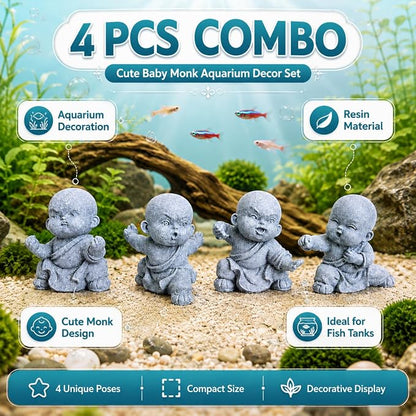 Petzlifeworld   4 Pcs Mini Monk Figures – Retro Resin Buddhist Statues | Cute Stone-Look Monk Decor for Aquarium, Home, Office, Garden, Desk, Shelf & Zen Decoration