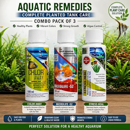 Aquatic Remedies (Pack of 3) Aquarium Fish Tank Water Conditioner Combo | Stress Heal-100ml | Microlife S2-100ml | Chlor Away-100ml
