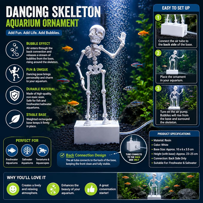 Petzlifeworld 3D Printed Dancing Skeleton Aquarium Ornament – White & Black Variations | Bubble-Activated Moving Fish Tank Decoration with Air Tube Connection & Stable Base