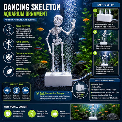 Petzlifeworld 3D Printed Dancing Skeleton Aquarium Ornament – White & Black Variations | Bubble-Activated Moving Fish Tank Decoration with Air Tube Connection & Stable Base