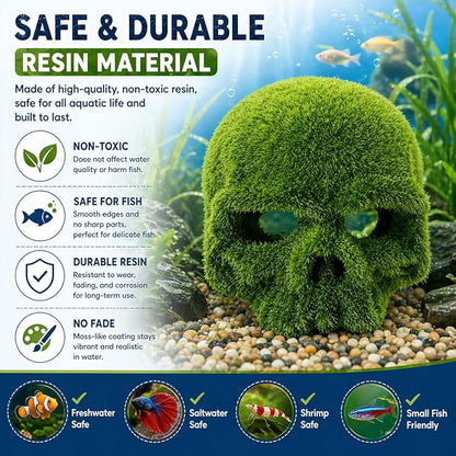 petzlifeworld Moss Skull Aquarium Decoration – Resin Hollow Hideout Cave for Betta, Shrimp & Small Fish | Natural Moss Look Tank Ornament | Safe & Durable Aquascaping Decor