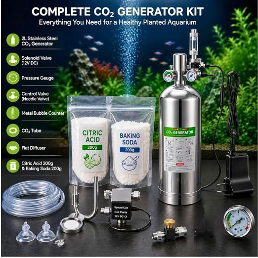 Petzlifeworld 2L Stainless Steel DIY CO₂ Generator Kit for Planted Aquariums | Citric Acid 200g + Baking Soda 200g | Solenoid Valve, Pressure Gauge, Metal Bubble Counter, CO₂ Tube & Flat Diffuser