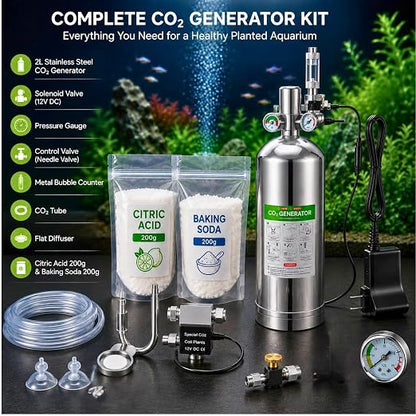 Petzlifeworld 2L Stainless Steel DIY CO₂ Generator Kit for Planted Aquariums | Citric Acid 200g + Baking Soda 200g | Solenoid Valve, Pressure Gauge, Metal Bubble Counter, CO₂ Tube & Flat Diffuser