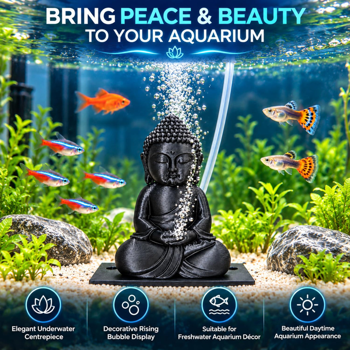 petzlifeworld 3D Printed Black Buddha Aquarium Air Bubble Decoration | Mini Buddha Statue for Fish Tank | Air Pump Operated Bubbler Ornament with Rear Airline Connection | Meditation Aquascaping Decor