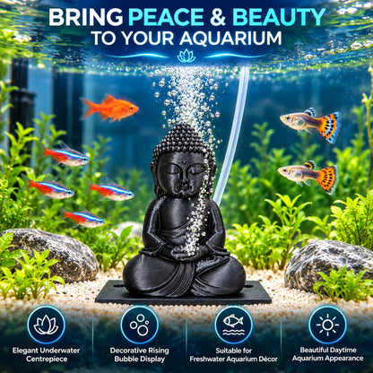 petzlifeworld 3D Printed Black Buddha Aquarium Air Bubble Decoration | Mini Buddha Statue for Fish Tank | Air Pump Operated Bubbler Ornament with Rear Airline Connection | Meditation Aquascaping Decor