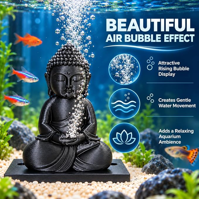 petzlifeworld 3D Printed Black Buddha Aquarium Air Bubble Decoration | Mini Buddha Statue for Fish Tank | Air Pump Operated Bubbler Ornament with Rear Airline Connection | Meditation Aquascaping Decor