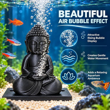 petzlifeworld 3D Printed Black Buddha Aquarium Air Bubble Decoration | Mini Buddha Statue for Fish Tank | Air Pump Operated Bubbler Ornament with Rear Airline Connection | Meditation Aquascaping Decor