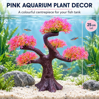 Petzlfieworld Pink Aquarium Plant Ornament (Multiple Branch) Lifelike Artificial Tree Decor for Fish Tank Aquascaping | 25 × 25 × 8.5 cm