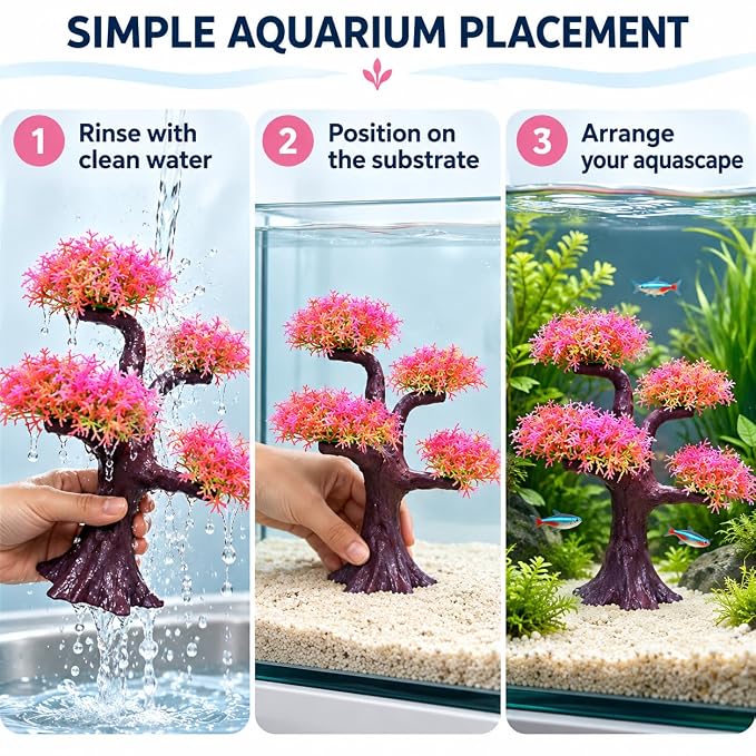 Petzlfieworld Pink Aquarium Plant Ornament (Multiple Branch) Lifelike Artificial Tree Decor for Fish Tank Aquascaping | 25 × 25 × 8.5 cm
