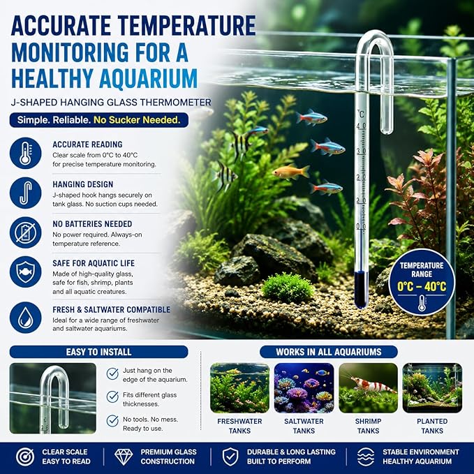 Petzlifeworld Aquarium Fish Tank Hanging Thermometer No Sucker Needed | Accurate Reading