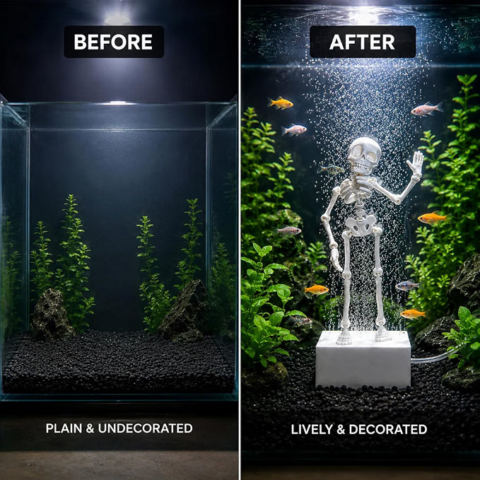 Petzlifeworld 3D Printed Dancing Skeleton Aquarium Ornament – White & Black Variations | Bubble-Activated Moving Fish Tank Decoration with Air Tube Connection & Stable Base