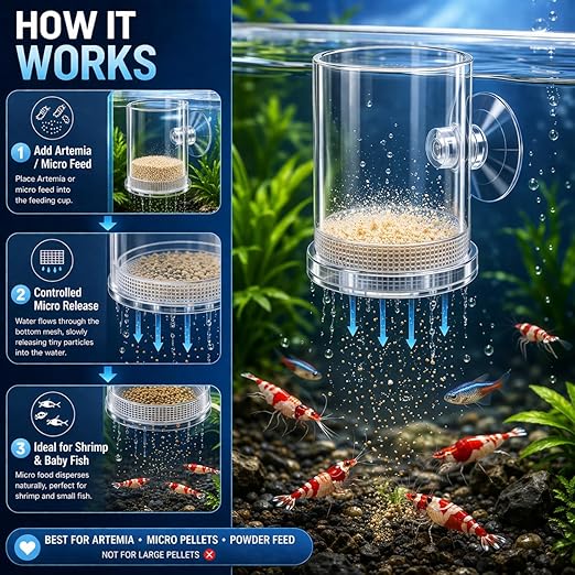 petzlifeworld Transparent Aquarium Fish Feeding Cup with Bottom Micro Mesh Net | Anti-Float Artemia Feeder for Shrimp & Baby Fish | Suction Cup Feeding Station for Micro Pellets & Powder Feed