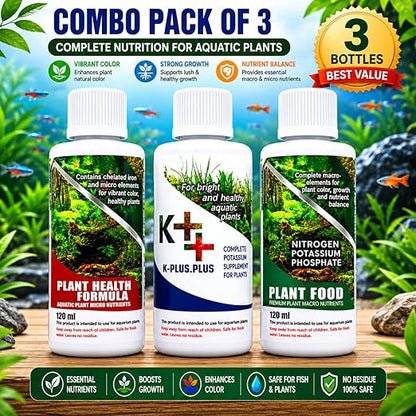 Petzlifeworld Aquatic Remedies (Pack of 3) Aquarium Plant Health Formula 120Ml & Plant Food 120Ml & K-Plus Plus 100Ml - Liquid