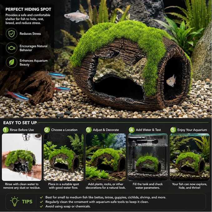 Petzlifewrold Aquarium Barrel Hideout Cave with Artificial Moss – Resin Fish Tank Shelter