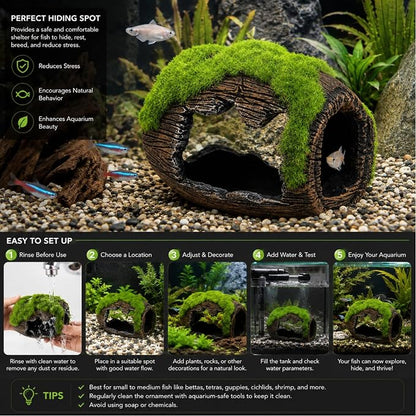 Petzlifewrold Aquarium Barrel Hideout Cave with Artificial Moss – Resin Fish Tank Shelter
