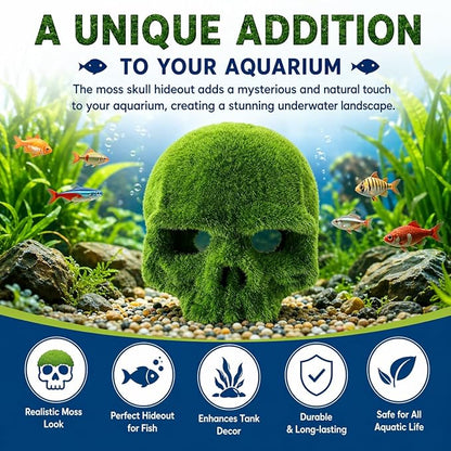 petzlifeworld Moss Skull Aquarium Decoration – Resin Hollow Hideout Cave for Betta, Shrimp & Small Fish | Natural Moss Look Tank Ornament | Safe & Durable Aquascaping Decor
