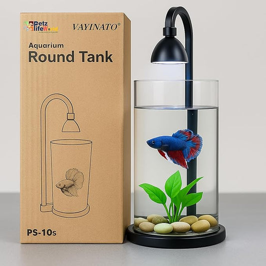 petzlifeworld Mini Acrylic Desktop Fish Bowl PS-10 | 1.2L Capacity | 10cm Diameter × 20cm Height | Aquarium Bowl with Multi-Color Hanging LED Light | Ideal for Betta | Office & Home Decor