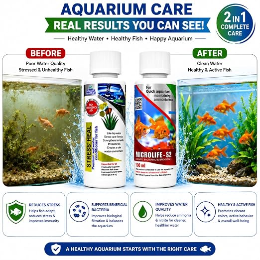 Petzlifeworld Aquatic Remedies (Pack of 2) Stress Heal-100ml & MIcrolife S2-100ml Aquarium Water Condiitoner