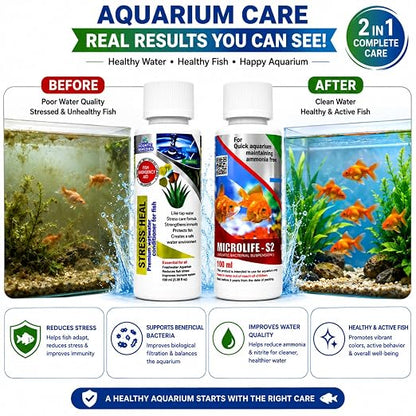 Petzlifeworld Aquatic Remedies (Pack of 2) Stress Heal-100ml & MIcrolife S2-100ml Aquarium Water Condiitoner