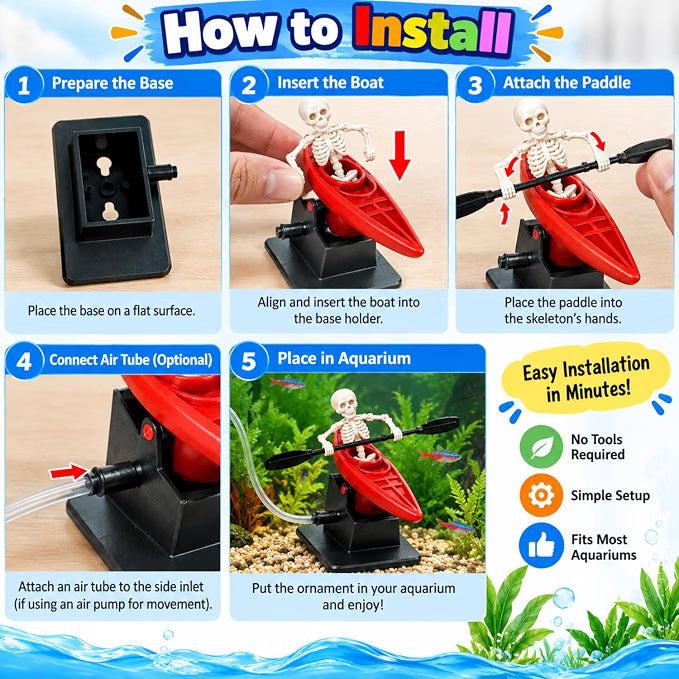 Petzlifeworld Dancing Skeleton Kayak Aquarium Ornament with Moving Rowing Action – Random Colour Fish Tank Decoration with Paddle & Stable Base