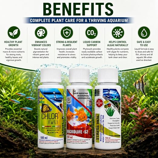 Aquatic Remedies (Pack of 3) Aquarium Fish Tank Water Conditioner Combo | Stress Heal-100ml | Microlife S2-100ml | Chlor Away-100ml
