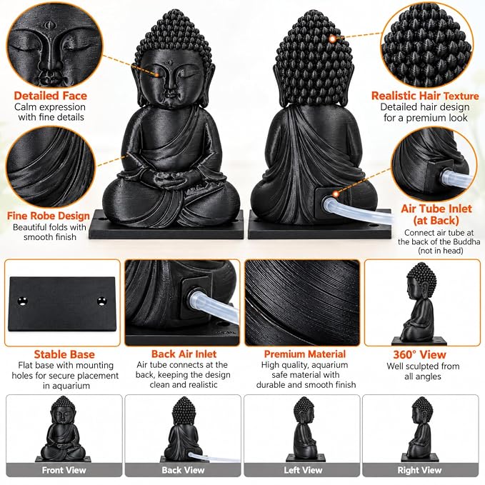 petzlifeworld 3D Printed Black Buddha Aquarium Air Bubble Decoration | Mini Buddha Statue for Fish Tank | Air Pump Operated Bubbler Ornament with Rear Airline Connection | Meditation Aquascaping Decor