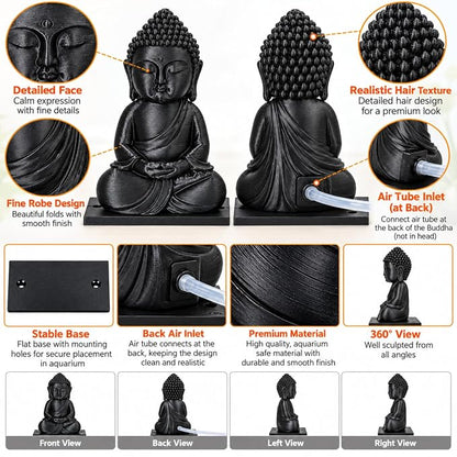 petzlifeworld 3D Printed Black Buddha Aquarium Air Bubble Decoration | Mini Buddha Statue for Fish Tank | Air Pump Operated Bubbler Ornament with Rear Airline Connection | Meditation Aquascaping Decor