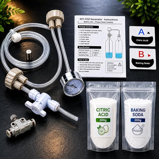 petzlifeworld DIY D201 CO2 Generator System Kit for Planted Aquarium | CO2 Regulator with Pressure Gauge, Tube, Valve & Bottle Cap | Citric Acid 200g + Baking Soda 200g | Aquascaping Kit