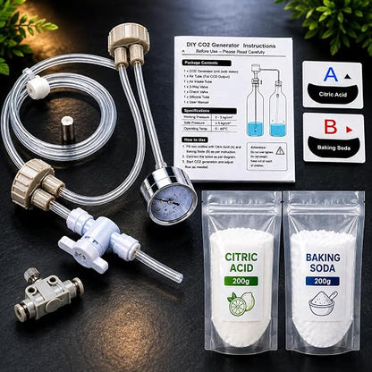 petzlifeworld DIY D201 CO2 Generator System Kit for Planted Aquarium | CO2 Regulator with Pressure Gauge, Tube, Valve & Bottle Cap | Citric Acid 200g + Baking Soda 200g | Aquascaping Kit