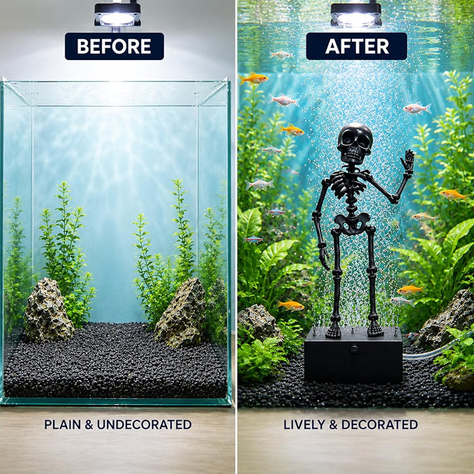 Petzlifeworld 3D Printed Dancing Skeleton Aquarium Ornament – White & Black Variations | Bubble-Activated Moving Fish Tank Decoration with Air Tube Connection & Stable Base