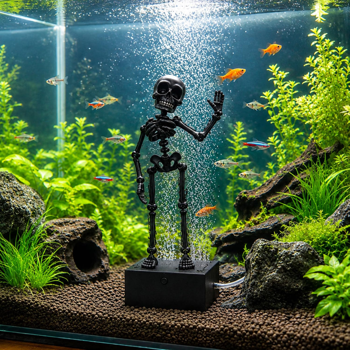 Petzlifeworld 3D Printed Dancing Skeleton Aquarium Ornament – White & Black Variations | Bubble-Activated Moving Fish Tank Decoration with Air Tube Connection & Stable Base
