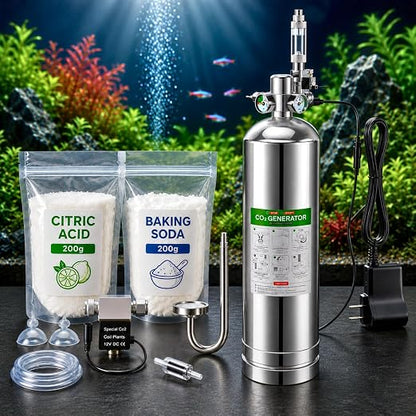 Petzlifeworld 2L Stainless Steel DIY CO₂ Generator Kit for Planted Aquariums | Citric Acid 200g + Baking Soda 200g | Solenoid Valve, Pressure Gauge, Metal Bubble Counter, CO₂ Tube & Flat Diffuser