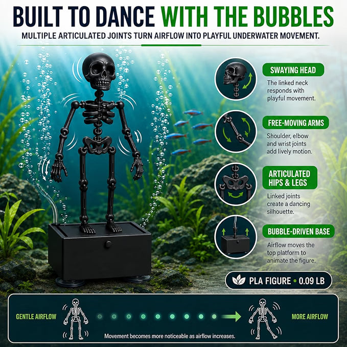 Petzlifeworld 3D Printed Dancing Skeleton Aquarium Ornament – White & Black Variations | Bubble-Activated Moving Fish Tank Decoration with Air Tube Connection & Stable Base