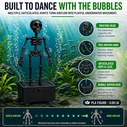 Petzlifeworld 3D Printed Dancing Skeleton Aquarium Ornament – White & Black Variations | Bubble-Activated Moving Fish Tank Decoration with Air Tube Connection & Stable Base
