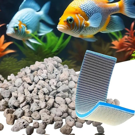 PetzLifeWorld Premium Reusable Top Filter Media Combo | 8D Filter Pad (50 * 11cm) + 200g Pumice Stone | Washable & Long-Lasting | for Overhead Aquarium Filters & Crystal Clear Water