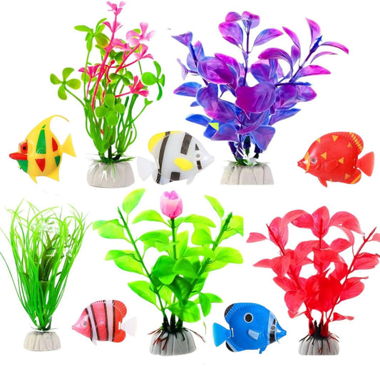 PetzLifeWorld Aquarium Fish Tank Decorations | 5 Pcs Artificial Colorful Fish & 5 Pcs Plants Set | Non-Toxic, Durable & Lifelike Ornaments for Freshwater & Saltwater Tanks