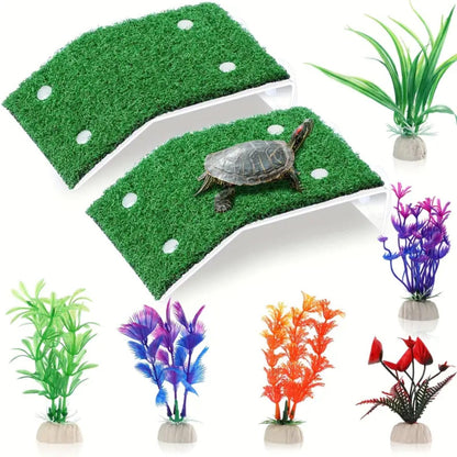 VAYINATO® 2pcs (CP-120) Turtle Basking Platform Ramp with 6pcs Artificial Aquarium Plants | Tortoise Terrace Resting Ramp with Simulation Lawn for Small Reptile Turtle Tank Decorations