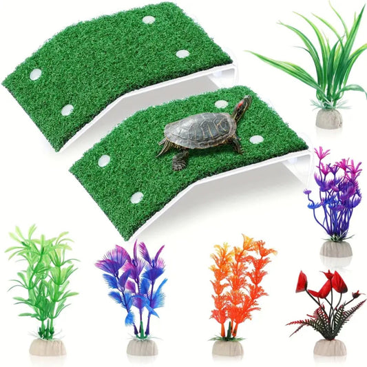 VAYINATO® 2pcs (CP-120) Turtle Basking Platform Ramp with 6pcs Artificial Aquarium Plants | Tortoise Terrace Resting Ramp with Simulation Lawn for Small Reptile Turtle Tank Decorations