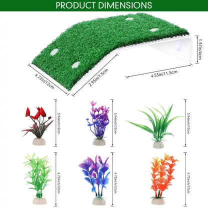 VAYINATO® 2pcs (CP-120) Turtle Basking Platform Ramp with 6pcs Artificial Aquarium Plants | Tortoise Terrace Resting Ramp with Simulation Lawn for Small Reptile Turtle Tank Decorations