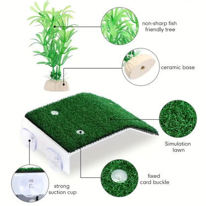 VAYINATO® 2pcs (CP-120) Turtle Basking Platform Ramp with 6pcs Artificial Aquarium Plants | Tortoise Terrace Resting Ramp with Simulation Lawn for Small Reptile Turtle Tank Decorations